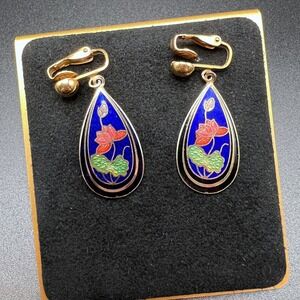 Lotus Cloisonne Earrings Blue Gold Enamel Floral Botanical Clip On Art